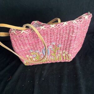 Pink Woven Tote Bag with Floral Embroidery-cute design-#454